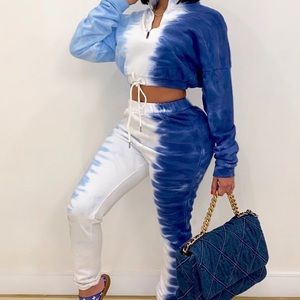Tie Dye Drawstring Crop Jacket + Pants Set